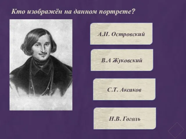 Кто изображён на данном портрете? А.Н. Островский В.А Жуковский С.Т. Аксаков Н.В. Гоголь