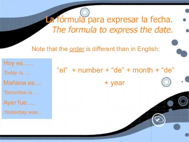 La fórmula para expresar la fecha. The formula to express