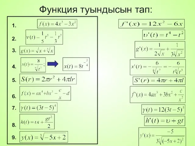 Функция туындысын тап: 1. 5. 6. 7. 8. 9. 2. 3. 4.