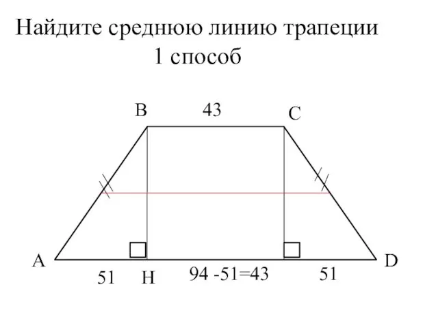 Найдите среднюю линию трапеции 1 способ А В Н С D 51 94 -51=43 51 43