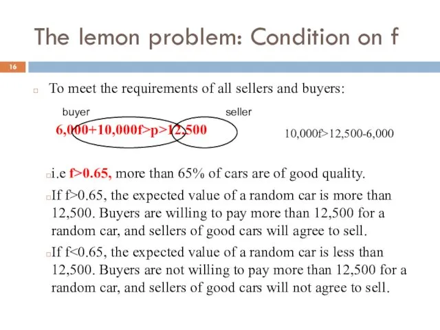 The lemon problem: Condition on f To meet the requirements