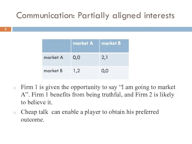 Communication: Partially aligned interests Firm 1 is given the opportunity