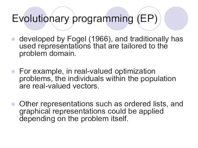 Evolutionary programming (EP) developed by Fogel (1966), and traditionally has