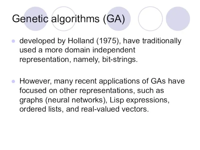 Genetic algorithms (GA) developed by Holland (1975), have traditionally used a more domain