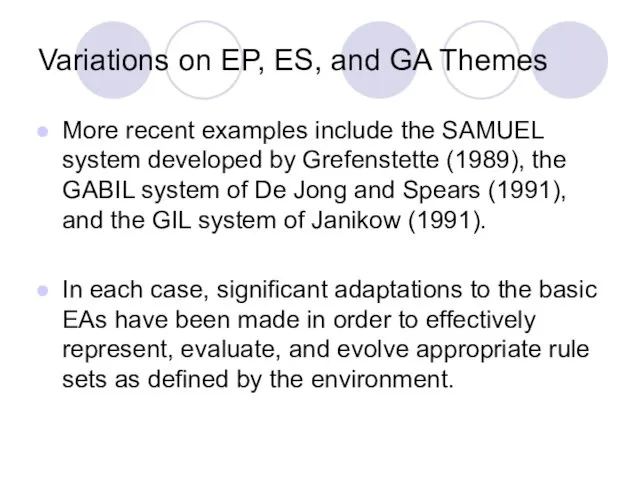 Variations on EP, ES, and GA Themes More recent examples include the SAMUEL