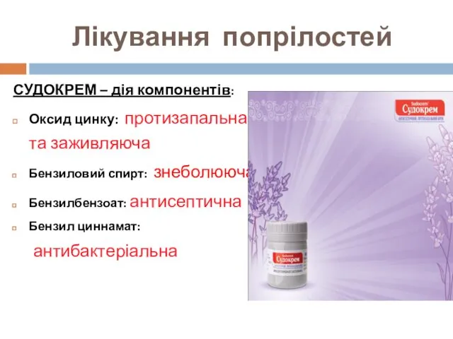 Лікування попрілостей СУДОКРЕМ – дія компонентів: Оксид цинку: протизапальна ,