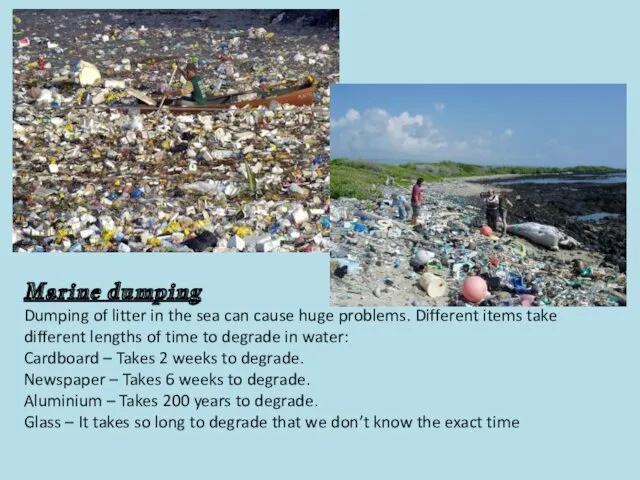 Marine dumping Dumping of litter in the sea can cause