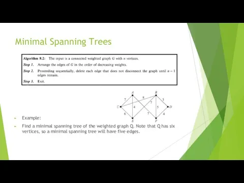 Minimal Spanning Trees Example: Find a minimal spanning tree of