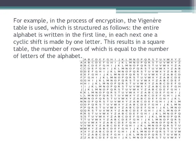 For example, in the process of encryption, the Vigenère table