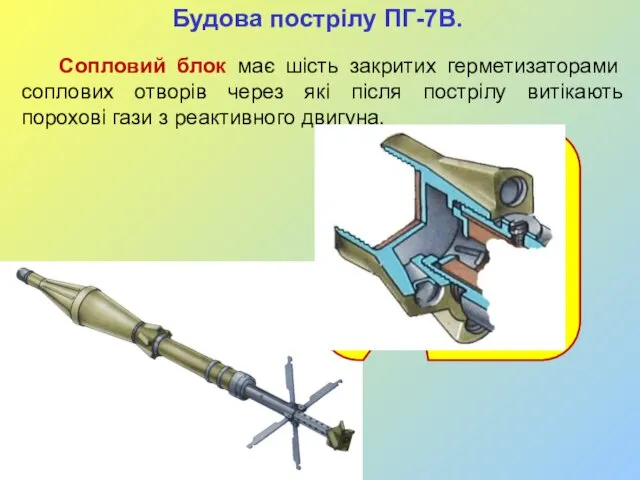 Будова пострілу ПГ-7В. Сопловий блок має шість закритих герметизаторами соплових