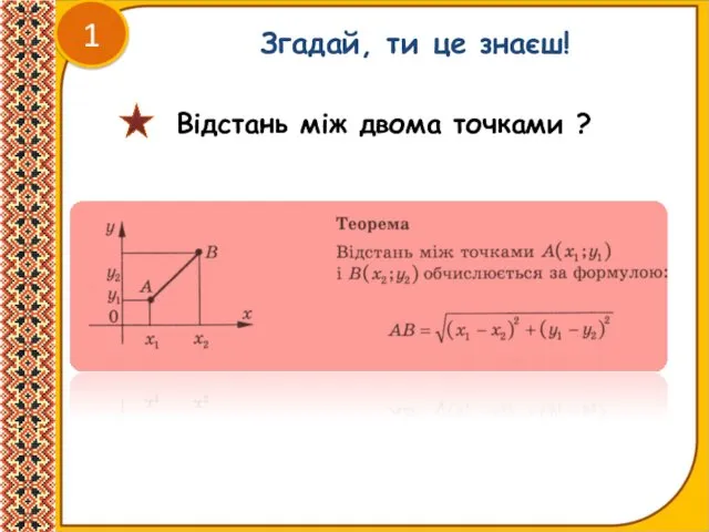 1 Згадай, ти це знаєш! Відстань між двома точками ?