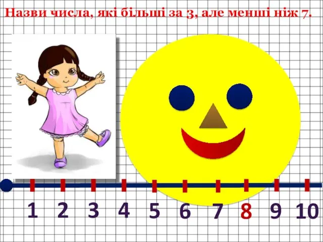 4, 5, 6 Назви числа, які більші за 3, але менші ніж 7.