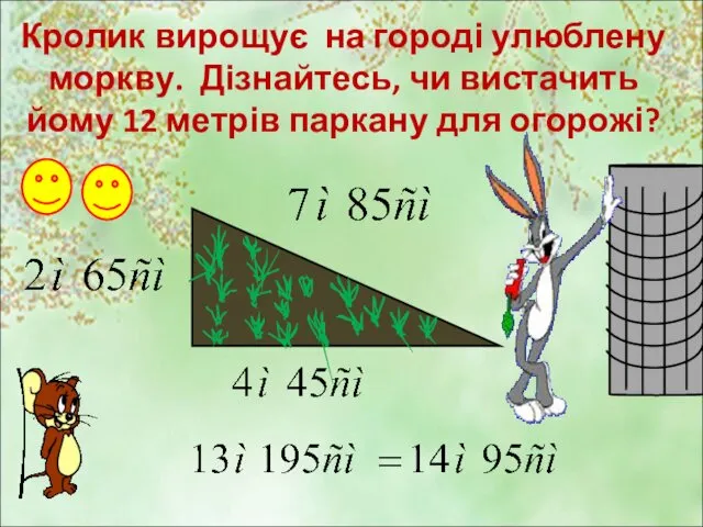 Кролик вирощує на городі улюблену моркву. Дізнайтесь, чи вистачить йому 12 метрів паркану для огорожі?