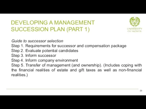Guide to successor selection Step 1. Requirements for successor and
