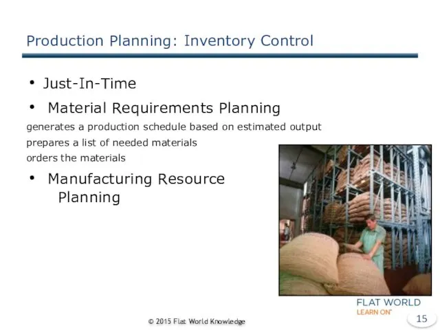Production Planning: Inventory Control Just-In-Time Material Requirements Planning generates a production schedule based