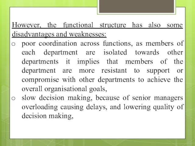 However, the functional structure has also some disadvantages and weaknesses: