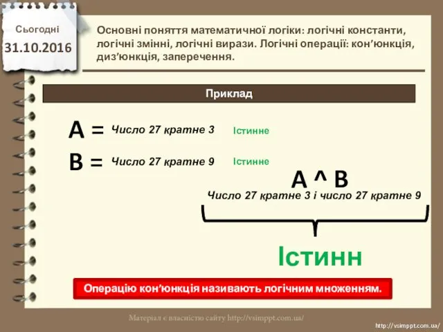 Сьогодні 31.10.2016 http://vsimppt.com.ua/ http://vsimppt.com.ua/ Приклад Основні поняття математичної логіки: логічні