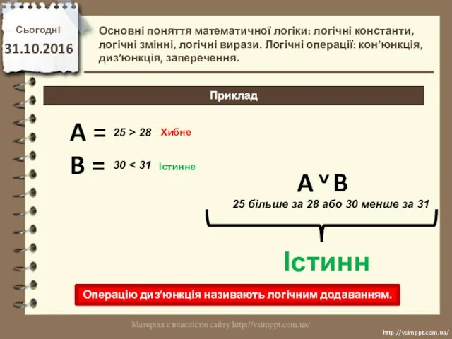 Сьогодні 31.10.2016 http://vsimppt.com.ua/ http://vsimppt.com.ua/ Приклад Основні поняття математичної логіки: логічні константи, логічні змінні,