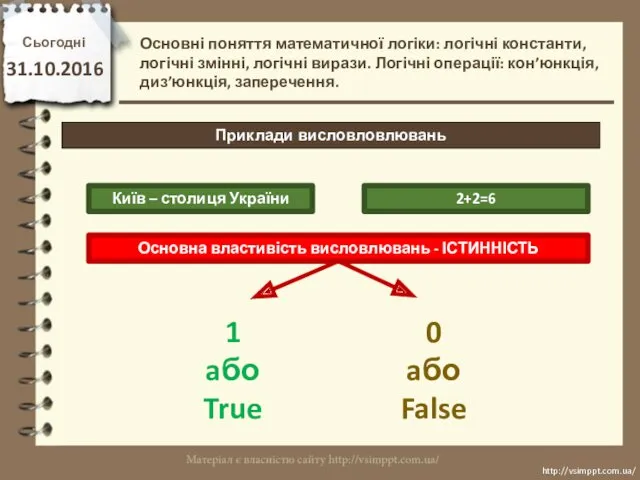 Сьогодні 31.10.2016 http://vsimppt.com.ua/ http://vsimppt.com.ua/ Приклади висловловлювань Основні поняття математичної логіки: логічні константи, логічні