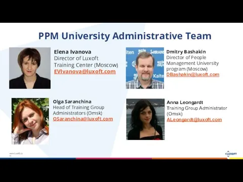 PPM University Administrative Team Elena Ivanova Director of Luxoft Training