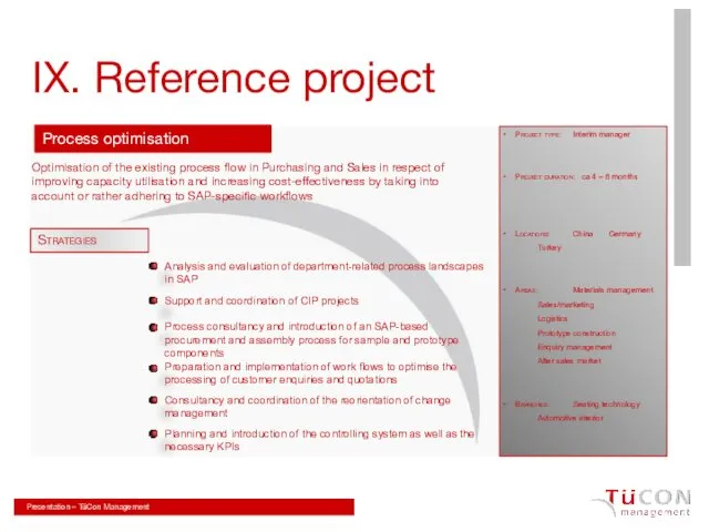 IX. Reference project Process optimisation Optimisation of the existing process