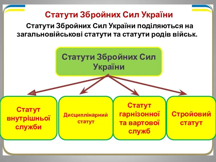 Статути Збройних Сил України поділяються на загальновійськові статути та статути родів військ. Статути