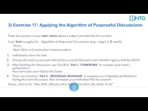 3) Exercise 17: Applying the Algorithm of Purposeful Discussions Team
