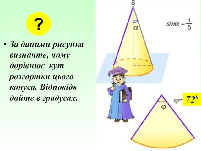 За даними рисунка визначте, чому дорівнює кут розгортки цього конуса. Відповідь дайте в градусах. ? 720