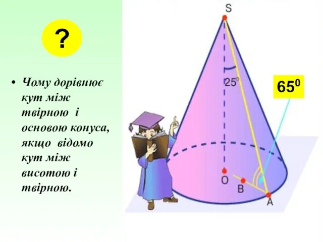 Чому дорівнює кут між твірною і основою конуса, якщо відомо