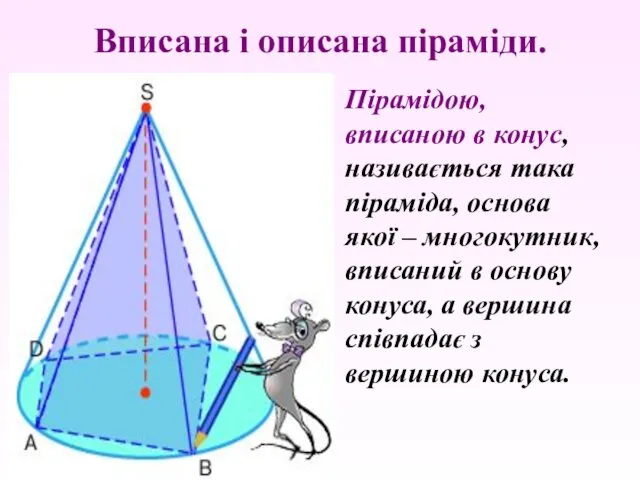 Вписана і описана піраміди. Пірамідою, вписаною в конус, називається така