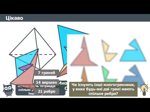 Цікаво Чи існує многогранник без діагоналей? Чим ще цікавий тетраедр? Кожна грань тетраедра