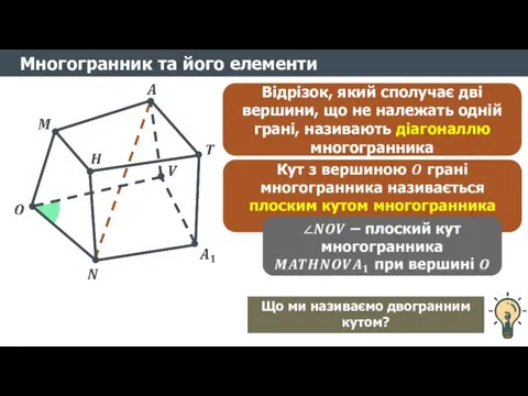 Відрізок, який сполучає дві вершини, що не належать одній грані, називають діагоналлю многогранника