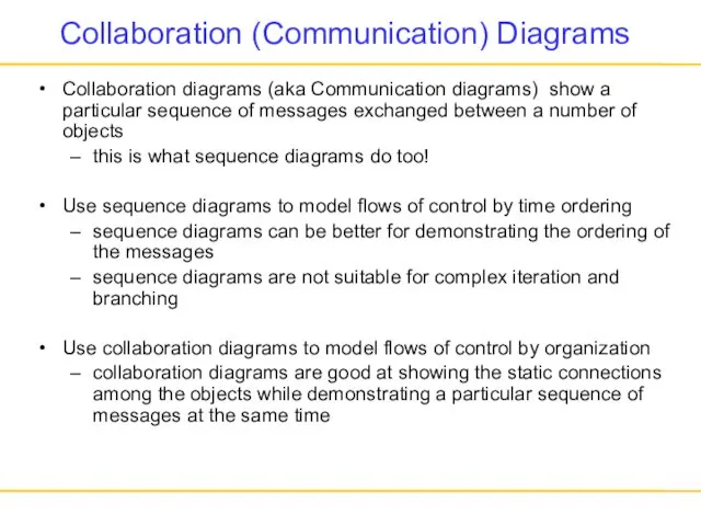 Collaboration (Communication) Diagrams Collaboration diagrams (aka Communication diagrams) show a