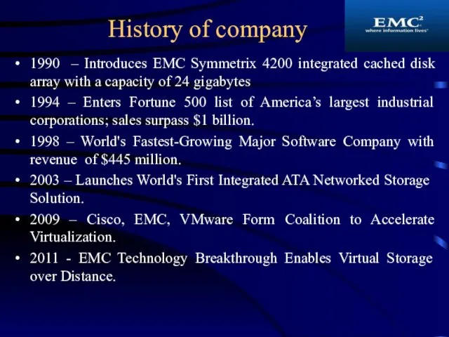 History of company 1990 – Introduces EMC Symmetrix 4200 integrated