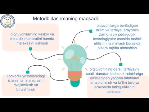 Metodbirlashmaning maqsadi: o‘qituvchilarning kasbiy va metodik mahoratini hamda malakasini oshirish