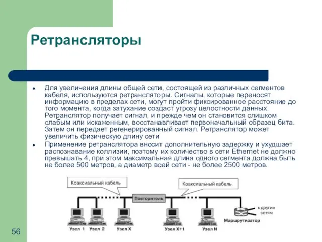 Ретрансляторы Для увеличения длины общей сети, состоящей из различных сегментов