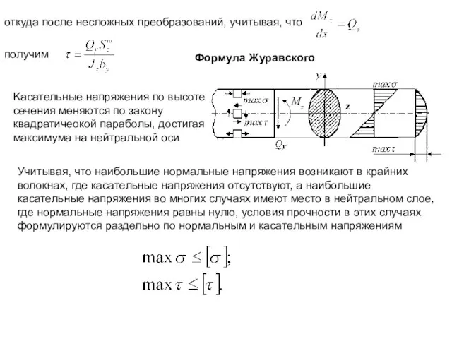 откуда после несложных преобразований, учитывая, что получим Формула Журавского Kасательные