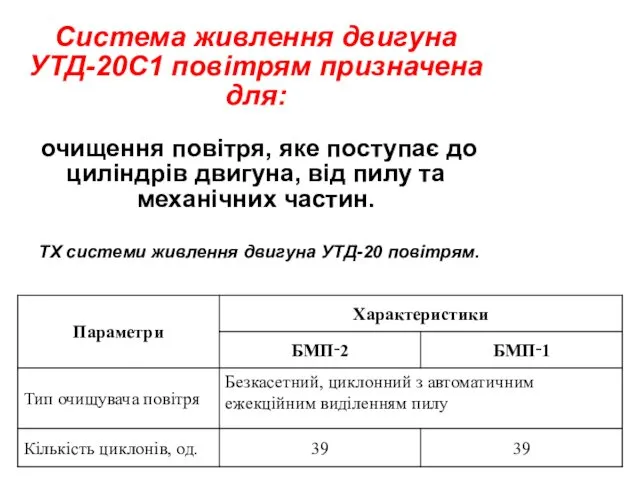 Система живлення двигуна УТД-20С1 повітрям призначена для: очищення повітря, яке