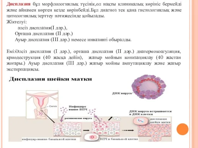 Дисплазия бұл морфлологиялық түсінік,ол нақты клиникалық көрініс бермейді және айнамен көрген кезде көрінбейді.Бұл