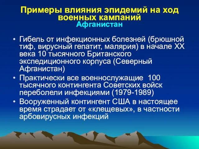 Примеры влияния эпидемий на ход военных кампаний Афганистан Гибель от