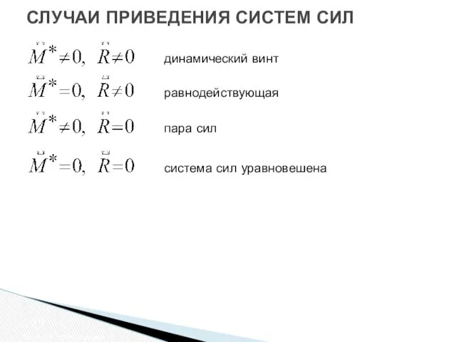 СЛУЧАИ ПРИВЕДЕНИЯ СИСТЕМ СИЛ Случаи приведения динамический винт равнодействующая пара сил система сил уравновешена