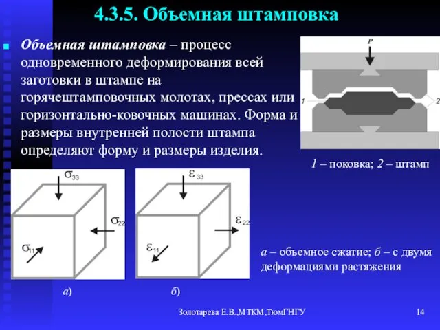 Золотарева Е.В.,МТКМ,ТюмГНГУ 4.3.5. Объемная штамповка Объемная штамповка – процесс одновременного