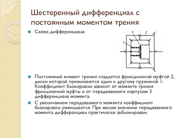 Шестеренный дифференциал с постоянным моментом трения Схема дифференциала. Постоянный момент