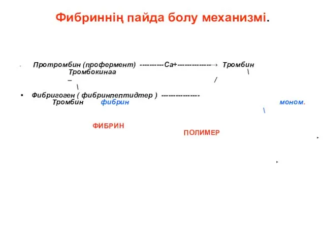 Фибриннің пайда болу механизмі. Протромбин (профермент) ----------Са+--------------→ Тромбин Тромбокинаа \