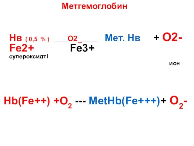 Метгемоглобин Нв ( 0,5 % ) ____О2______ Мет. Нв +