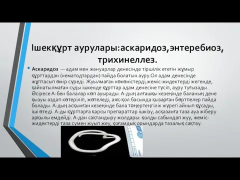 Ішекқұрт аурулары:аскаридоз,энтеребиоз,трихинеллез. Аскаридоз — адам мен жануарлар денесінде тіршілік ететін жұмыр құрттардан (нематодтардан)