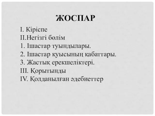 ЖОСПАР I. Кіріспе II.Негізгі бөлім 1. Ішастар туындылары. 2. Ішастар