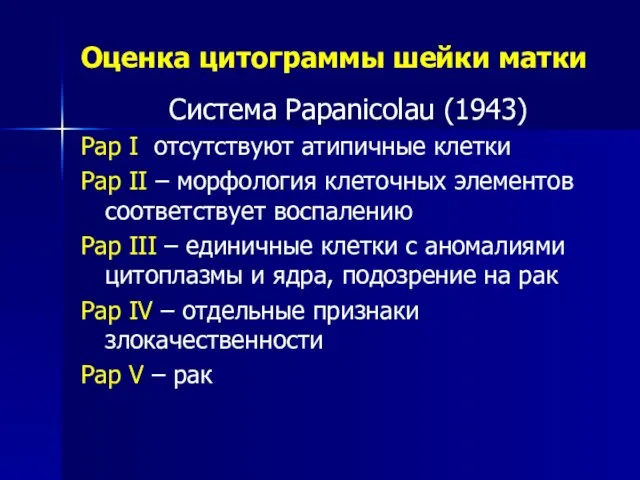 Оценка цитограммы шейки матки Система Papanicolau (1943) Pap I отсутствуют