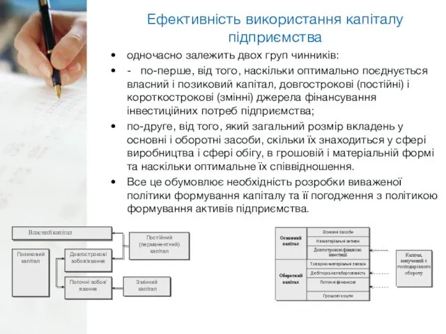 Ефективність використання капіталу підприємства одночасно залежить двох груп чинників: -