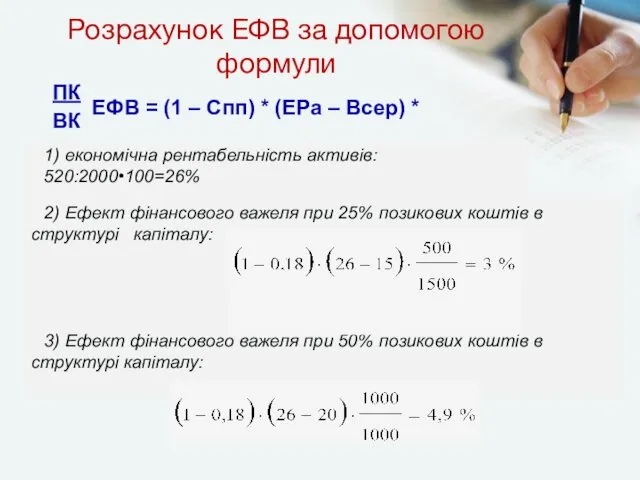 Розрахунок ЕФВ за допомогою формули 1) економічна рентабельність активів: 520:2000•100=26%